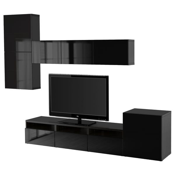 BESTÅ TV storage combination/glass doors, black-brown/Selsviken high gloss/black smoked glass, 118 1/8x16 1/2x83 1/8 "