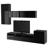 BESTÅ TV storage combination/glass doors, black-brown/Selsviken high gloss/black smoked glass, 118 1/8x16 1/2x83 1/8 "