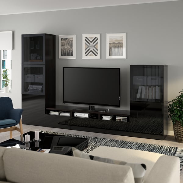 BESTÅ TV storage combination/glass doors, black-brown/Selsviken high gloss/black smoked glass, 118 1/8x16 1/2x76 "