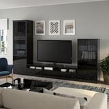 BESTÅ TV storage combination/glass doors, black-brown/Selsviken high gloss/black smoked glass, 118 1/8x16 1/2x76 "
