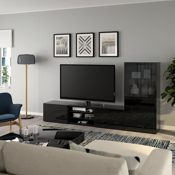 BESTÅ TV storage combination/glass doors, black-brown/Selsviken high gloss/black smoked glass, 94 1/2x16 1/2x50 3/4 "