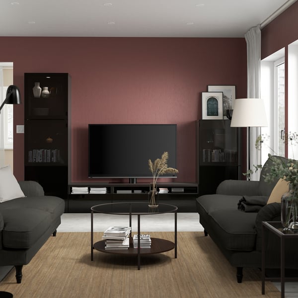 BESTÅ TV storage combination/glass doors, black-brown/Selsviken high gloss/black smoked glass, 118 1/8x16 1/2x76 "