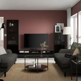 BESTÅ TV storage combination/glass doors, black-brown/Selsviken high gloss/black smoked glass, 118 1/8x16 1/2x76 "