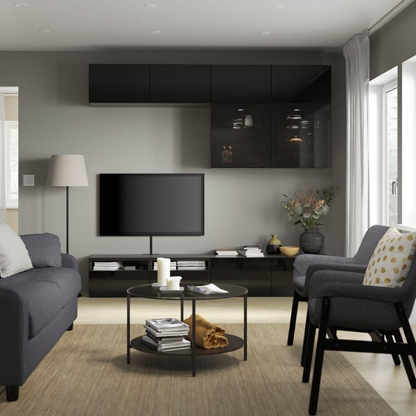 BESTÅ TV storage combination/glass doors, black-brown/Selsviken high gloss/black smoked glass, 94 1/2x16 1/2x91 "