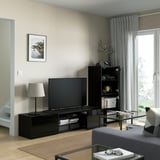 BESTÅ TV storage combination/glass doors, black-brown/Selsviken high gloss/black smoked glass, 94 1/2x16 1/2x50 3/4 "