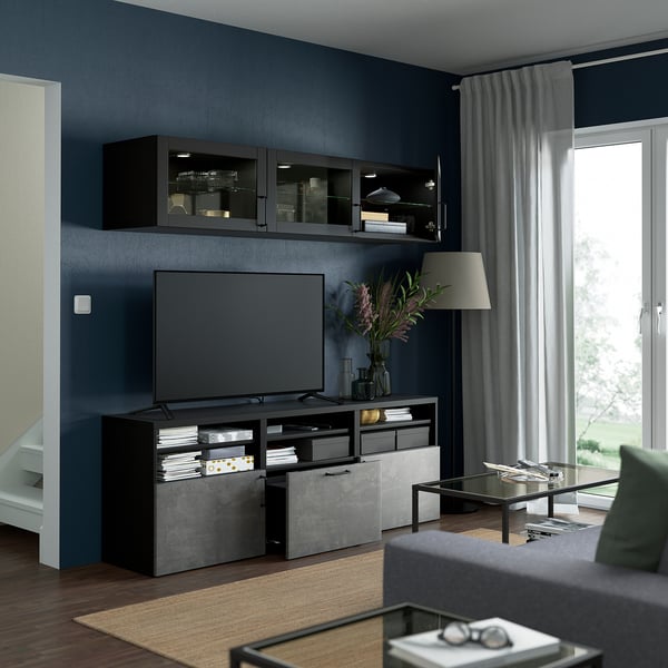 BESTÅ TV storage combination/glass doors, black-brown Sindvik/Kallviken dark gray, 70 7/8x16 1/2x75 5/8 "