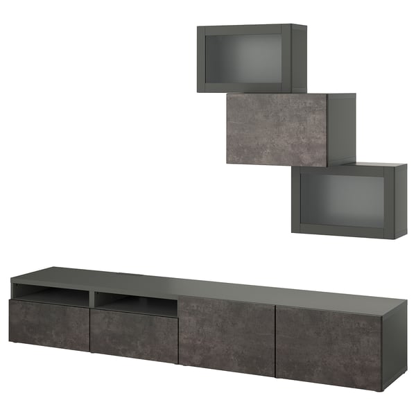 BESTÅ TV storage combination/glass doors, dark gray Kallviken/Sindvik dark gray, 94 1/2x16 1/2x74 3/4 "