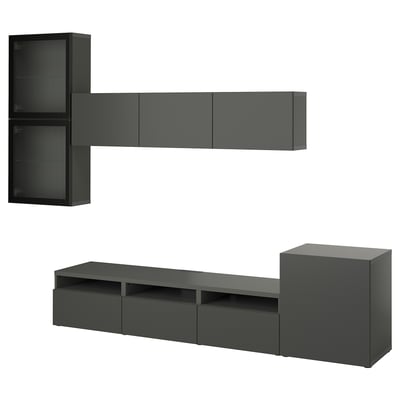Modern dark grey wall-mounted and floor tv unit combo. L-shaped design with cabinets and drawers.