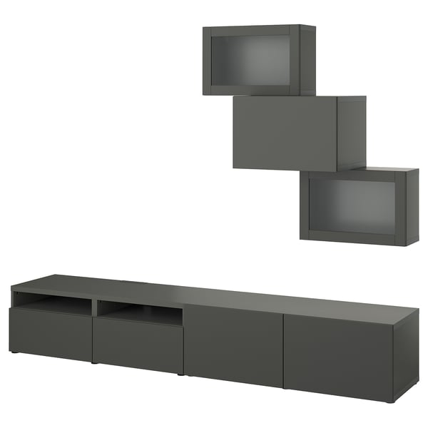 BESTÅ TV storage combination/glass doors, dark gray Lappviken/Sindvik dark gray, 94 1/2x16 1/2x74 3/4 "