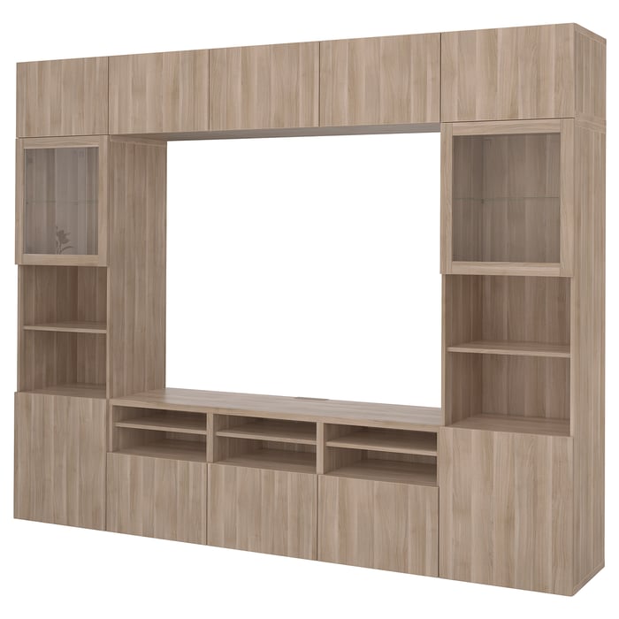 BESTÅ TV storage combination/glass doors, walnut effect light gray