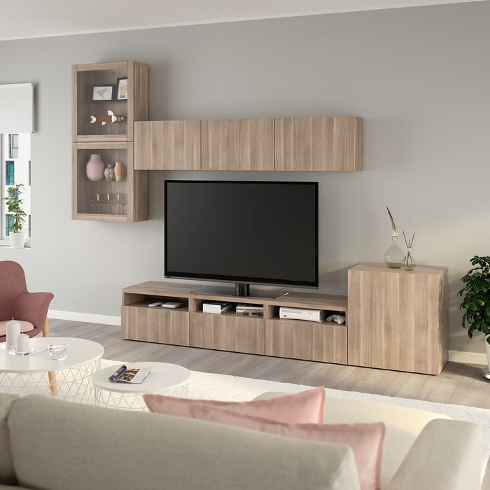 BESTÅ TV storage combination/glass doors, walnut effect light gray