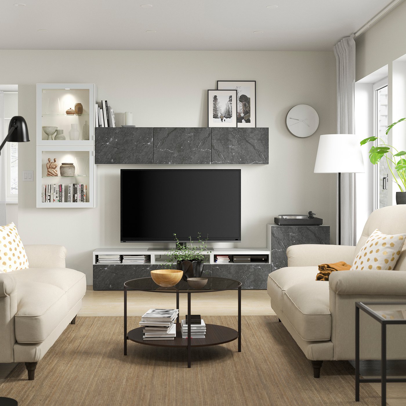 IKEA BESTÅ/GLASSVIK】組み立て途中品 3台セット ランプ付き BESTÅ storage combination with doors, black-brown/Glassvik