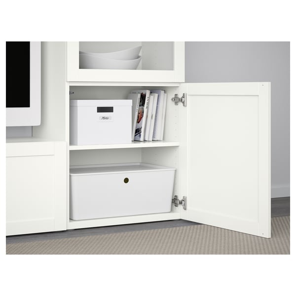 BESTÅ TV storage combination/glass doors, white/Hanviken white clear glass, 94 1/2x16 1/2x50 3/4 "