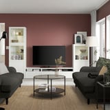 BESTÅ TV storage combination/glass doors, white/Hanviken white clear glass, 118 1/8x16 1/2x76 "