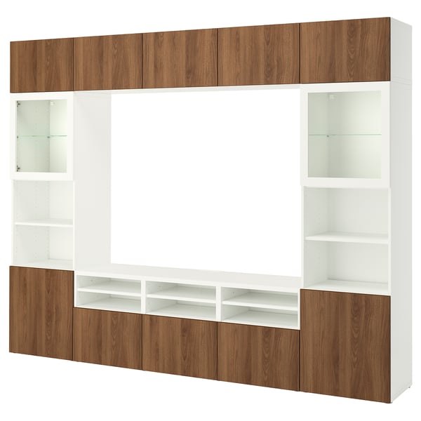 BESTÅ TV storage combination/glass doors, white Lappviken/walnut effect clear glass, 118 1/8x16 1/2x91 "