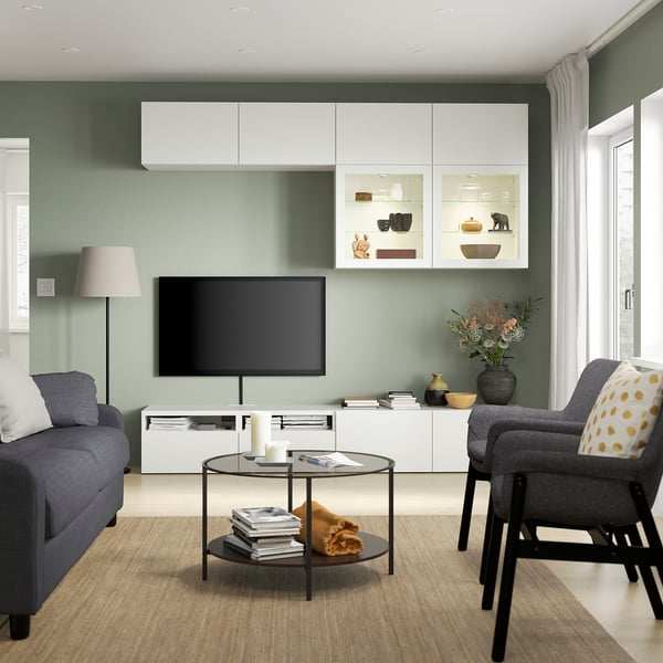 BESTÅ TV storage combination/glass doors, white/Lappviken white clear glass, 94 1/2x16 1/2x91 "