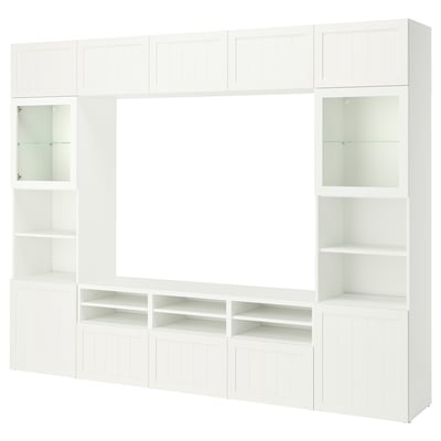 BESTÅ TV storage combination/glass doors, white/Pipmakare white, 118 1/8x16 1/2x91 "