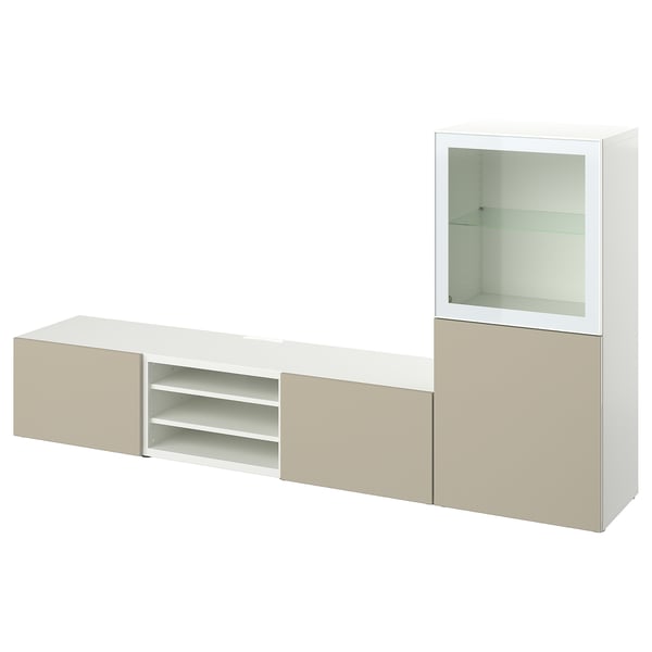 BESTÅ TV storage combination/glass doors, white/Selsviken high gloss/beige clear glass, 94 1/2x16 1/2x50 3/4 "