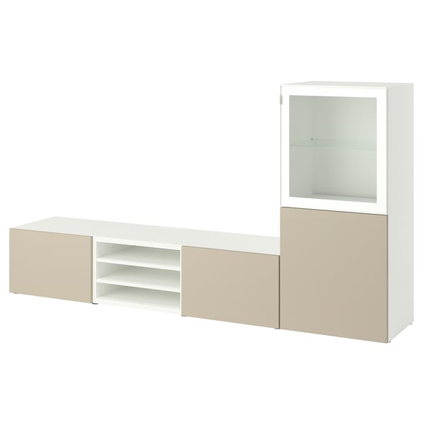 BESTÅ TV storage combination/glass doors, white/Selsviken high gloss/beige clear glass, 94 1/2x16 1/2x50 3/4 "