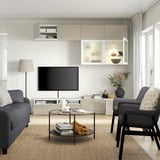 BESTÅ TV storage combination/glass doors, white/Selsviken high gloss/beige frosted glass, 94 1/2x16 1/2x91 "