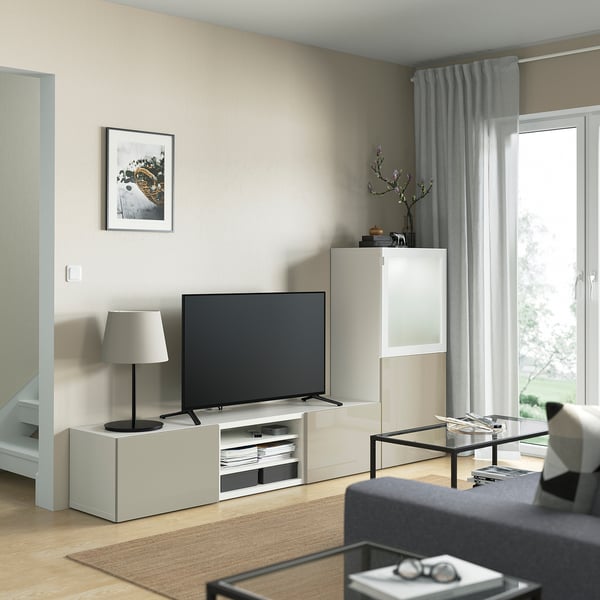 BESTÅ TV storage combination/glass doors, white/Selsviken high gloss/beige frosted glass, 94 1/2x16 1/2x50 3/4 "
