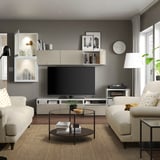 BESTÅ TV storage combination/glass doors, white/Selsviken high gloss/beige frosted glass, 118 1/8x16 1/2x83 1/8 "