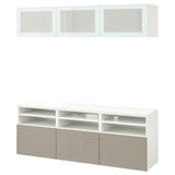 BESTÅ TV storage combination/glass doors, white/Selsviken high gloss/beige frosted glass, 70 7/8x16 1/2x75 5/8 "