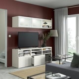 BESTÅ TV storage combination/glass doors, white/Selsviken high-gloss/white frosted glass, 70 7/8x16 1/2x75 5/8 "