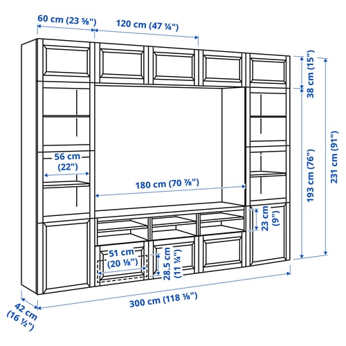 BESTÅ TV storage combination/glass doors, white Smeviken/Ostvik white clear glass, 118 1/8x16 1/2x91 "