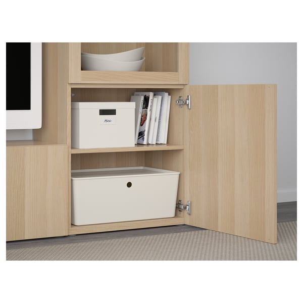 BESTÅ TV storage combination/glass doors, white stained oak effect/Lappviken wht stained oak effect clear glass, 94 1/2x16 1/2x50 3/4 "