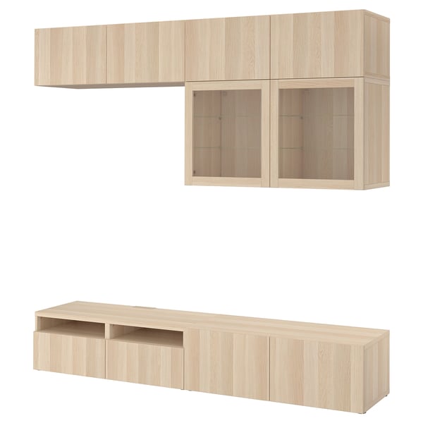 BESTÅ TV storage combination/glass doors, white stained oak effect/Lappviken wht stained oak effect clear glass, 94 1/2x16 1/2x91 "
