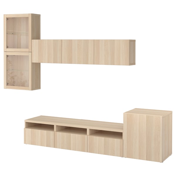 BESTÅ TV storage combination/glass doors, white stained oak effect/Lappviken wht stained oak effect clear glass, 118 1/8x16 1/2x83 1/8 "
