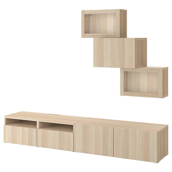 BESTÅ TV storage combination/glass doors, white stained oak effect/Lappviken wht stained oak effect clear glass, 94 1/2x16 1/2x74 3/4 "