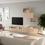 BESTÅ TV storage combination/glass doors, white stained oak effect/Lappviken wht stained oak effect clear glass, 94 1/2x16 1/2x74 3/4 "