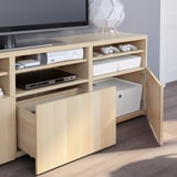 BESTÅ TV storage combination/glass doors, white stained oak effect/Lappviken wht stained oak effect clear glass, 70 7/8x16 1/2x75 5/8 "