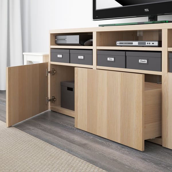 BESTÅ TV storage combination/glass doors, white stained oak effect/Lappviken wht stained oak effect clear glass, 70 7/8x16 1/2x75 5/8 "
