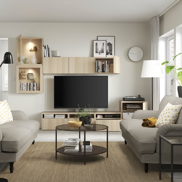 BESTÅ TV storage combination/glass doors, white stained oak effect/Lappviken wht stained oak effect clear glass, 118 1/8x16 1/2x83 1/8 "