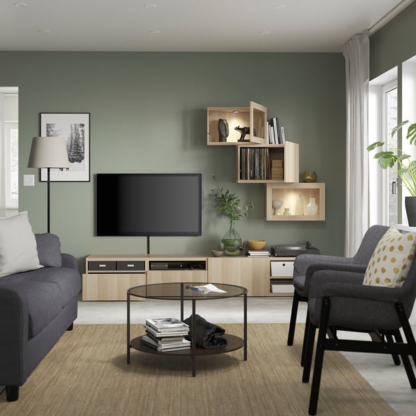 BESTÅ TV storage combination/glass doors, white stained oak effect/Lappviken wht stained oak effect clear glass, 94 1/2x16 1/2x74 3/4 "