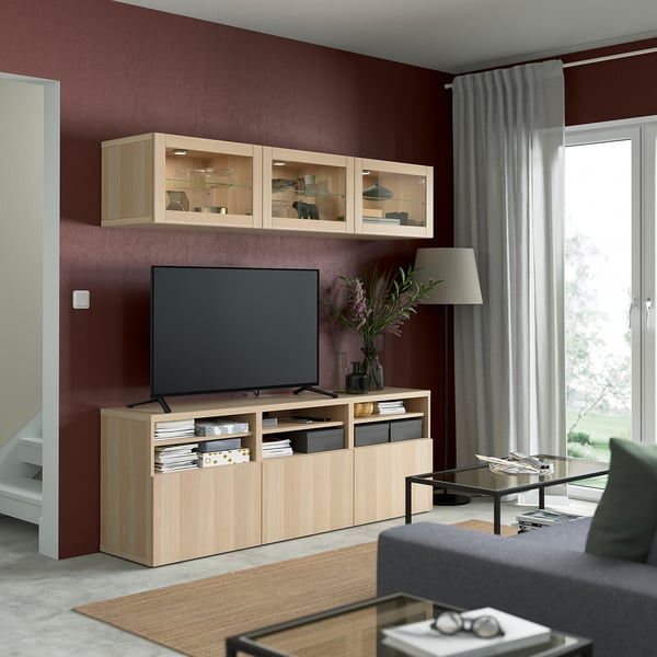 BESTÅ TV storage combination/glass doors, white stained oak effect/Lappviken wht stained oak effect clear glass, 70 7/8x16 1/2x75 5/8 "