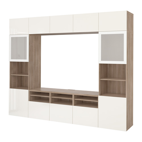 BESTÅ TV storage combination/glass doors walnut effect light gray