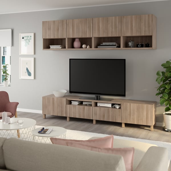 BESTÅ TV storage combination, walnut effect light gray/Lappviken