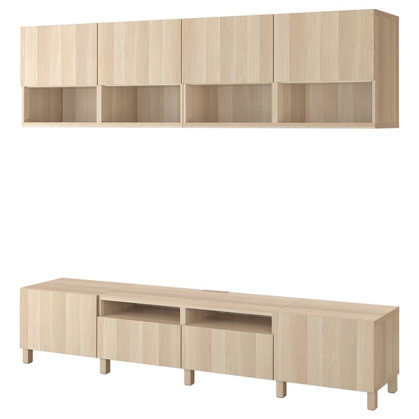 BESTÅ TV storage combination, white stained oak effect/Lappviken/Stubbarp white stained oak effect, 94 1/2x16 1/2x90 1/2 "