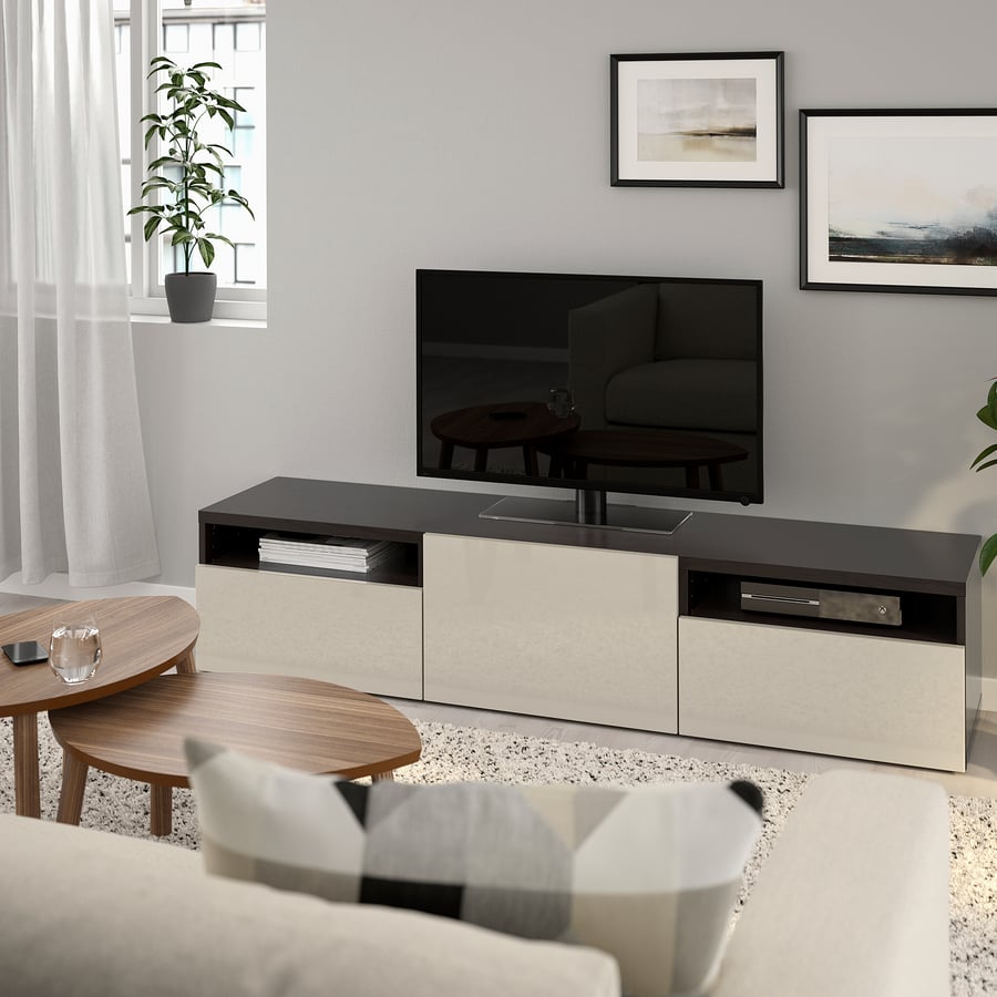 BESTÅ TV unit, blackbrown, Selsviken highgloss/beige, 70 7/8x16 1