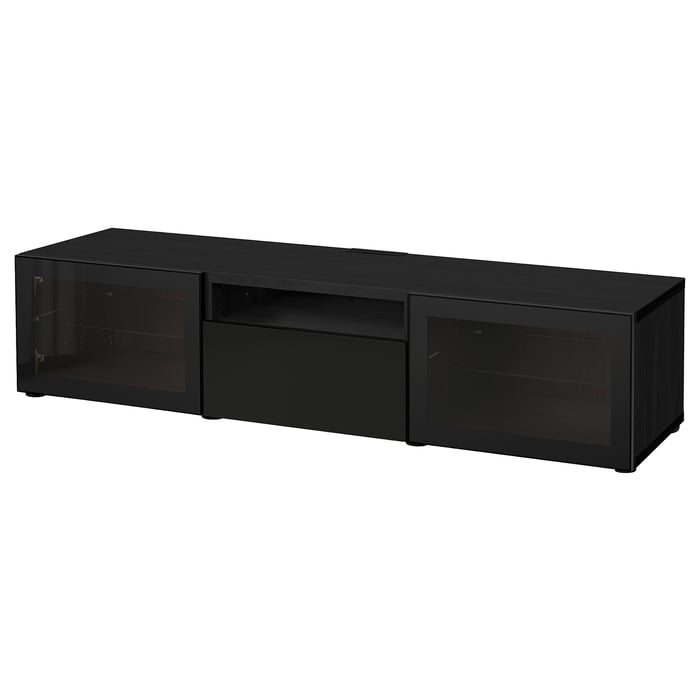 BESTÅ TV unit, blackbrown/Selsviken high gloss/black clear glass, 707