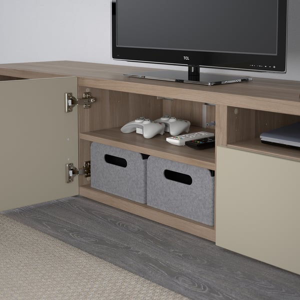 BESTÅ TV unit, walnut effect light gray, Selsviken highgloss/beige, 70