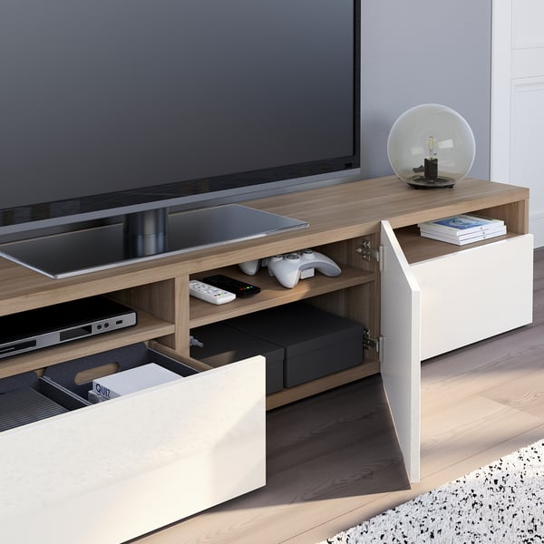 BESTÅ TV unit, walnut effect light gray/Selsviken highgloss/white, 707