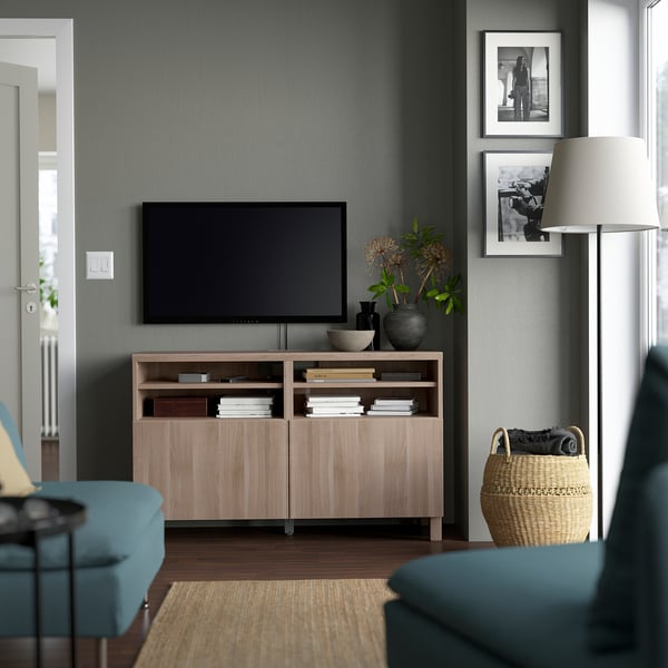 BESTÅ TV unit with doors, walnut effect light gray/Lappviken/Stubbarp