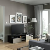 BESTÅ TV unit with drawers and door, black-brown/Selsviken high-gloss/beige, 70 7/8x16 1/2x15 3/8 "