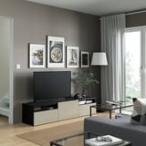 BESTÅ TV unit with drawers and door, black-brown/Selsviken high-gloss/beige, 70 7/8x16 1/2x15 3/8 "