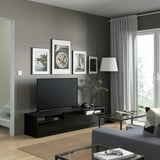 BESTÅ TV unit with drawers and door, black-brown/Selsviken high-gloss/black, 70 7/8x16 1/2x15 3/8 "